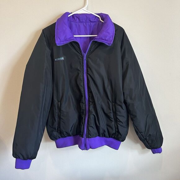 Vtg Columbia Men's XL Reversible Bomber Insulated Nylon Black Purple EUC Read